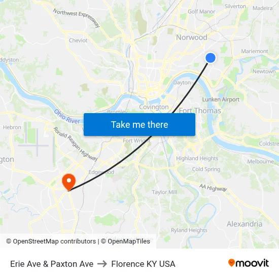Erie Ave & Paxton Ave to Florence KY USA map