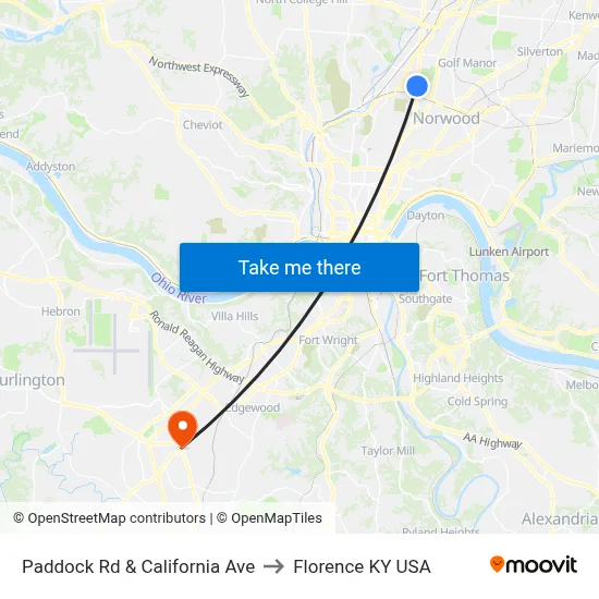 Paddock Rd & California Ave to Florence KY USA map