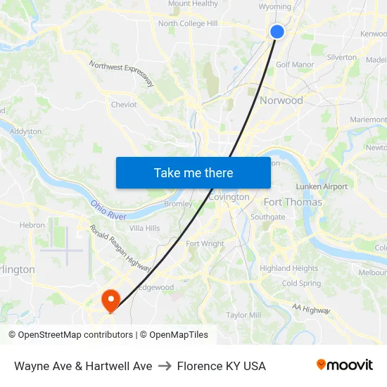 Wayne Ave & Hartwell Ave to Florence KY USA map
