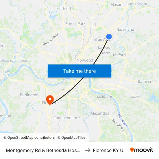 Montgomery Rd & Bethesda Hospital to Florence KY USA map