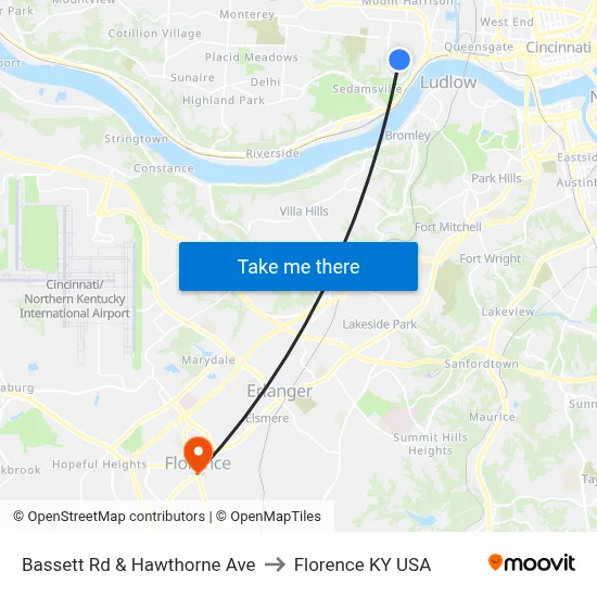 Bassett Rd & Hawthorne Ave to Florence KY USA map