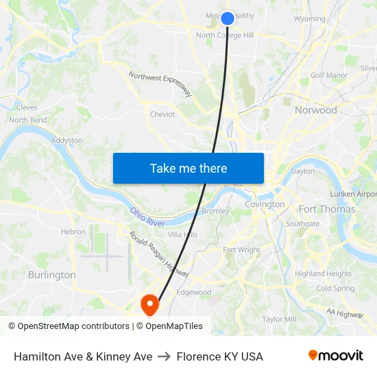Hamilton Ave & Kinney Ave to Florence KY USA map