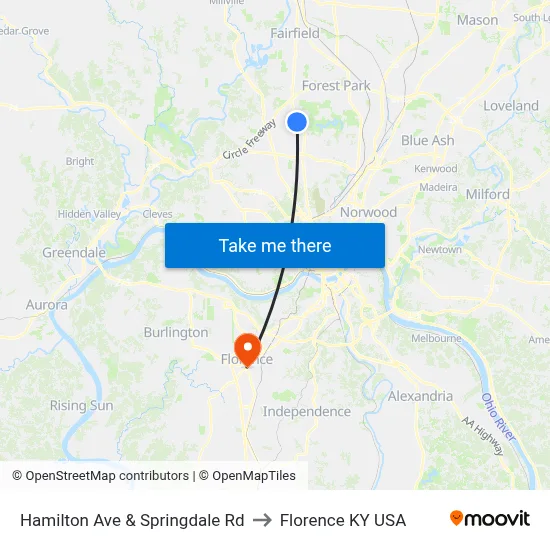 Hamilton Ave & Springdale Rd to Florence KY USA map