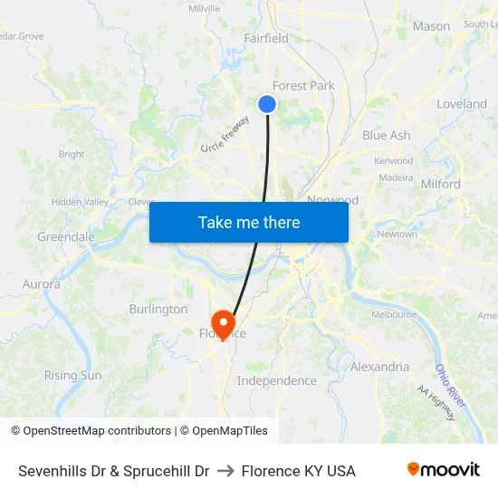Sevenhills Dr & Sprucehill Dr to Florence KY USA map
