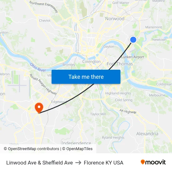 Linwood Ave & Sheffield Ave to Florence KY USA map