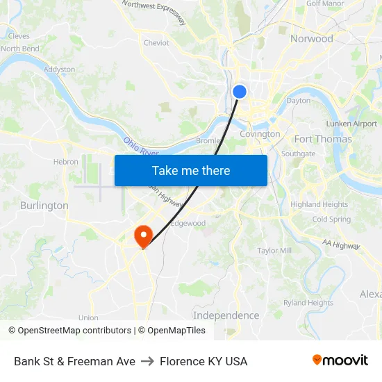 Bank St & Freeman Ave to Florence KY USA map