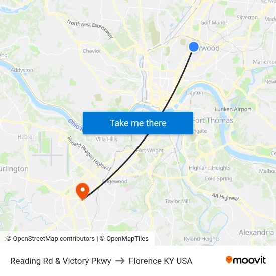 Reading Rd & Victory Pkwy to Florence KY USA map