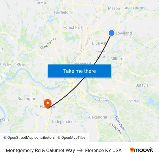 Montgomery Rd & Calumet Way to Florence KY USA map