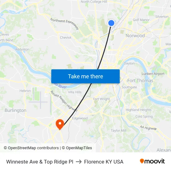 Winneste Ave & Top Ridge Pl to Florence KY USA map