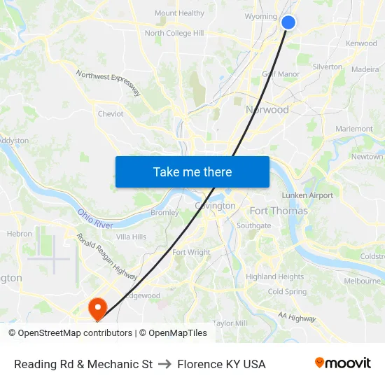 Reading Rd & Mechanic St to Florence KY USA map