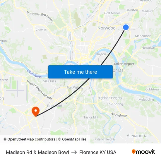 Madison Rd & Madison Bowl to Florence KY USA map