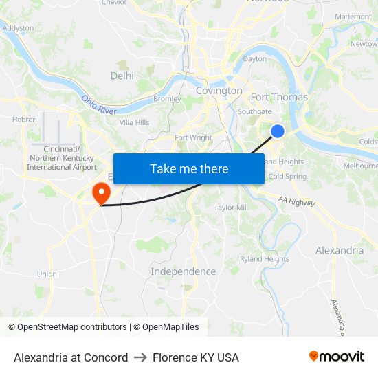 Alexandria at Concord to Florence KY USA map