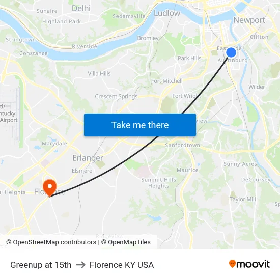 Greenup at 15th to Florence KY USA map