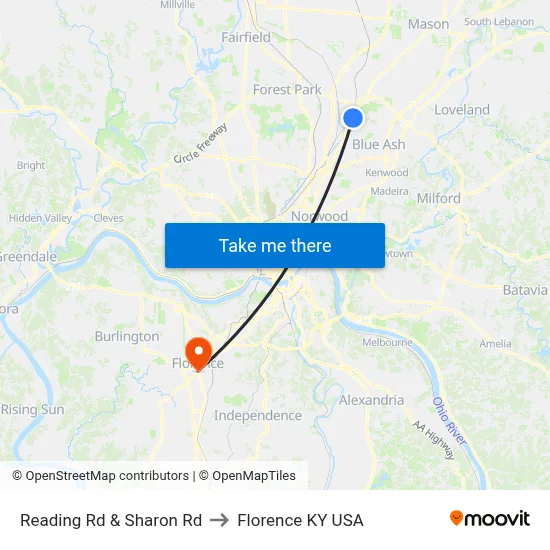 Reading Rd & Sharon Rd to Florence KY USA map