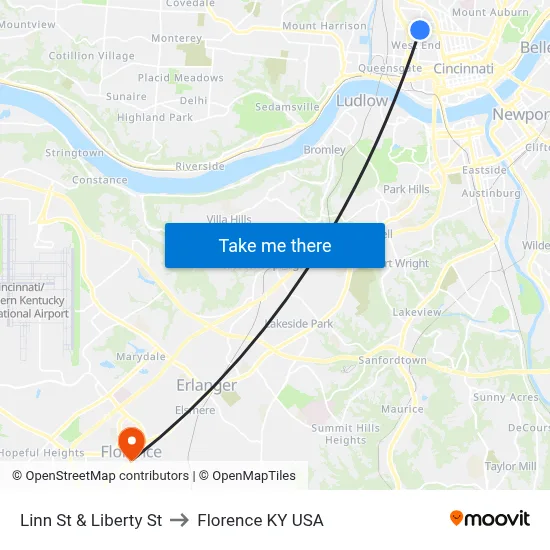 Linn St & Liberty St to Florence KY USA map
