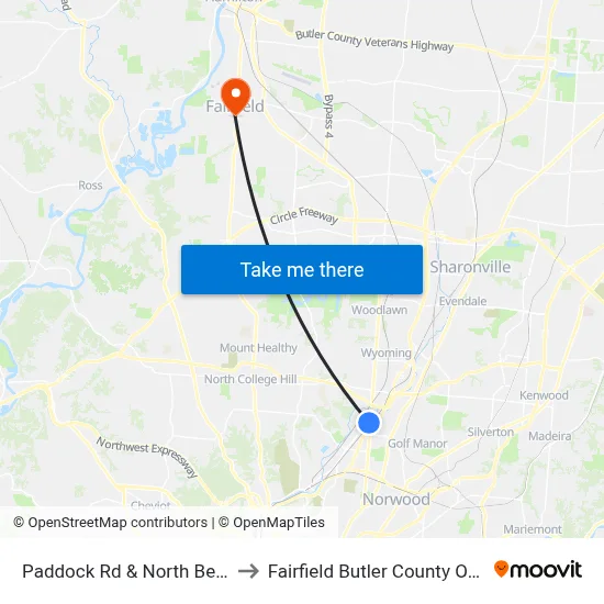 Paddock Rd & North Bend Rd to Fairfield Butler County OH USA map