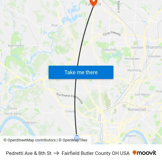Pedretti Ave & 8th St to Fairfield Butler County OH USA map