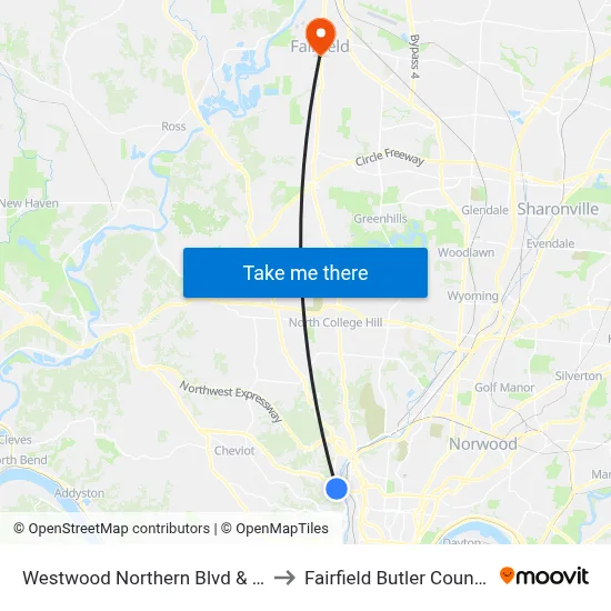 Westwood Northern Blvd & Moosewood to Fairfield Butler County OH USA map
