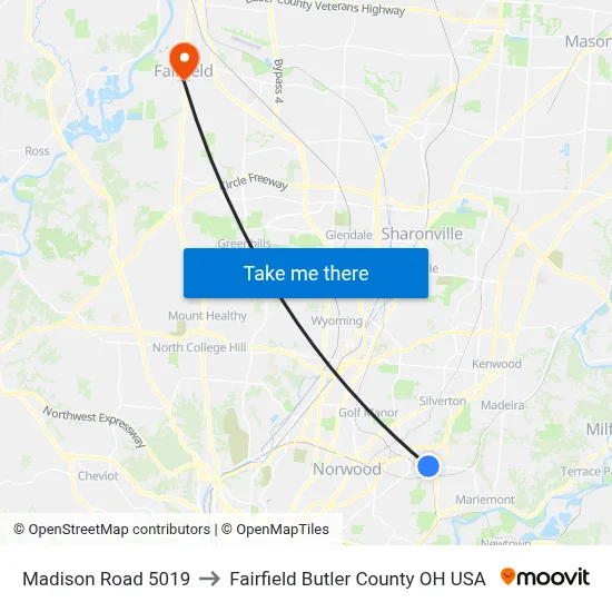 Madison Road 5019 to Fairfield Butler County OH USA map