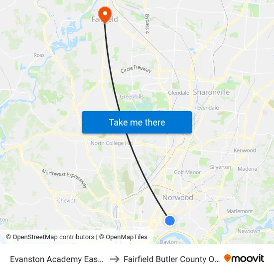 Evanston Academy Eastbound to Fairfield Butler County OH USA map