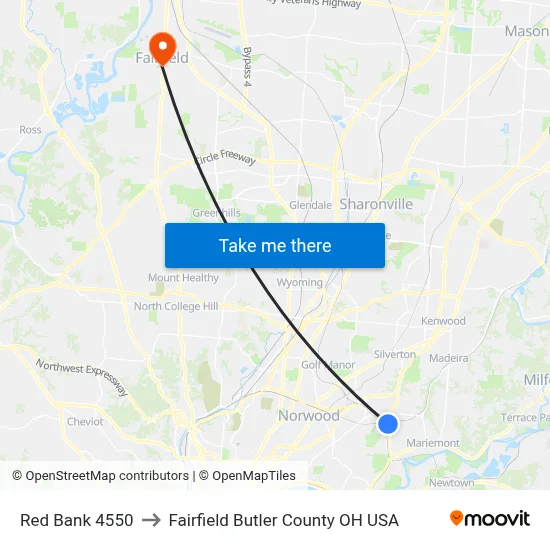 Red Bank 4550 to Fairfield Butler County OH USA map