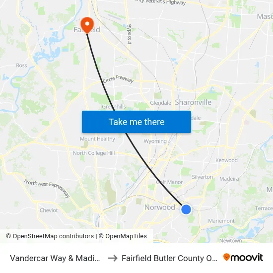 Vandercar Way & Madison Rd to Fairfield Butler County OH USA map