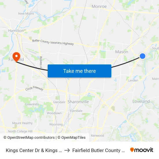 Kings Center Dr & Kings Mill Rd to Fairfield Butler County OH USA map