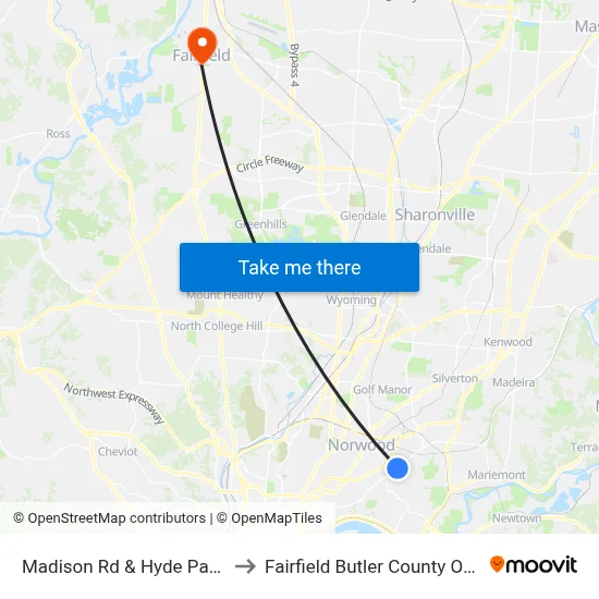 Madison Rd & Hyde Park Ave to Fairfield Butler County OH USA map