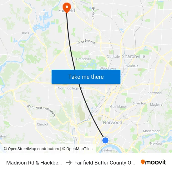 Madison Rd & Hackberry St to Fairfield Butler County OH USA map