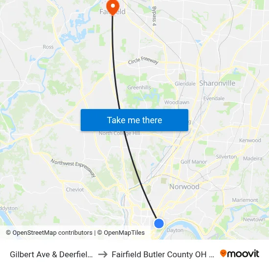 Gilbert Ave & Deerfield Pl to Fairfield Butler County OH USA map