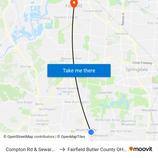 Compton Rd & Seward Ave to Fairfield Butler County OH USA map