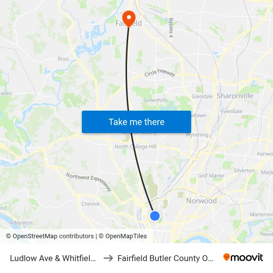 Ludlow Ave & Whitfield Ave to Fairfield Butler County OH USA map