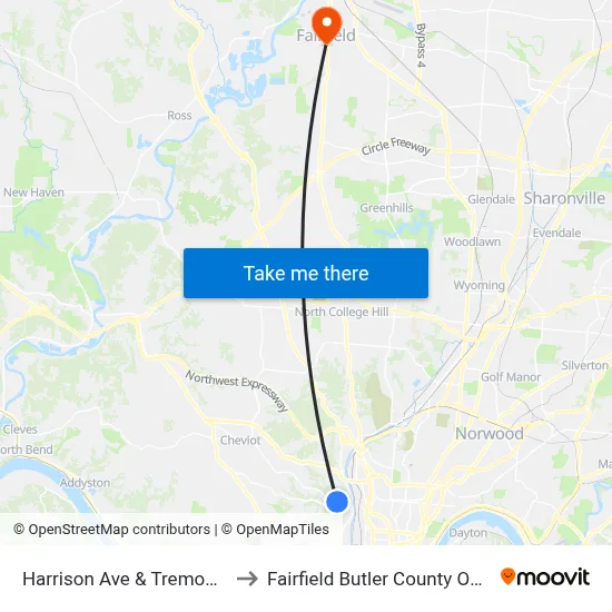 Harrison Ave & Tremont Ave to Fairfield Butler County OH USA map