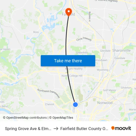 Spring Grove Ave & Elmore St to Fairfield Butler County OH USA map