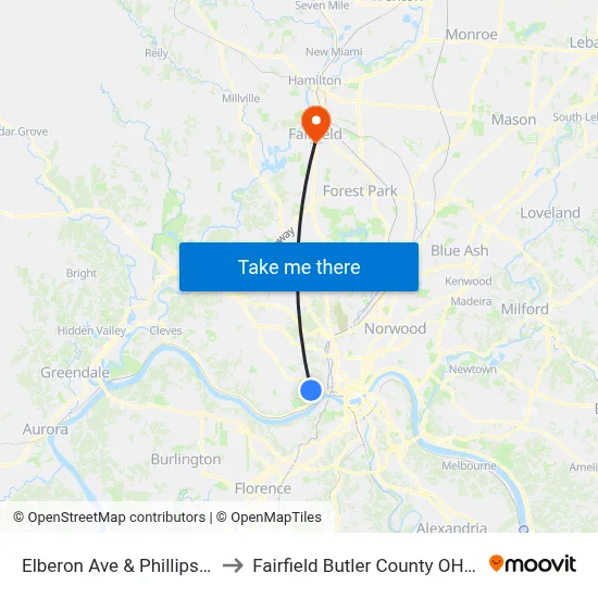 Elberon Ave & Phillips Ave to Fairfield Butler County OH USA map