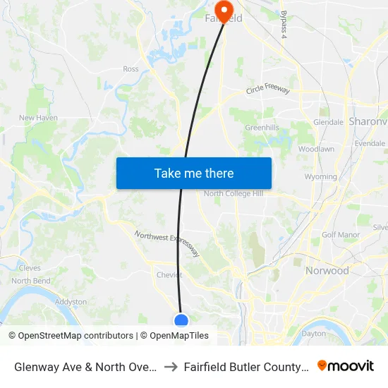 Glenway Ave & North Overlook Ave to Fairfield Butler County OH USA map