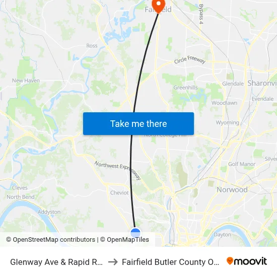 Glenway Ave & Rapid Run Rd to Fairfield Butler County OH USA map