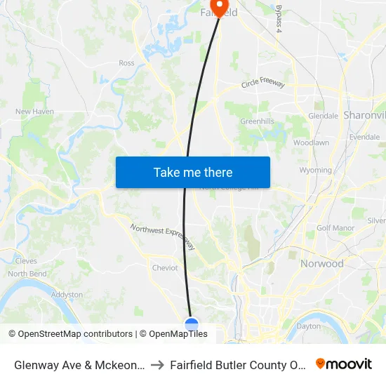 Glenway Ave & Mckeone Ave to Fairfield Butler County OH USA map