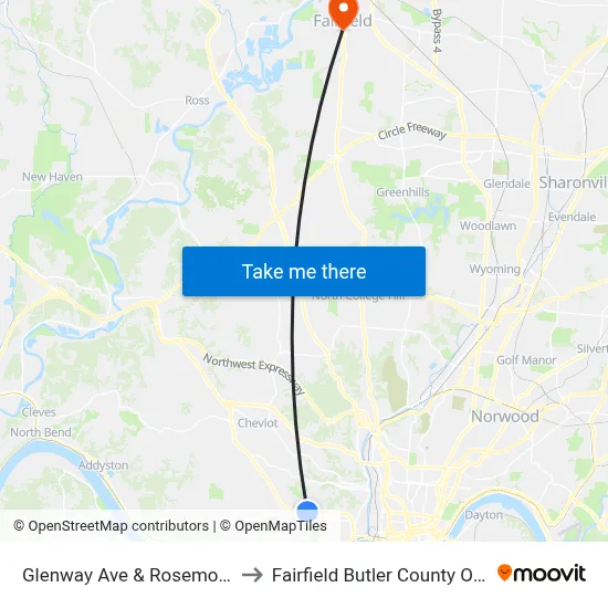 Glenway Ave & Rosemont Ave to Fairfield Butler County OH USA map