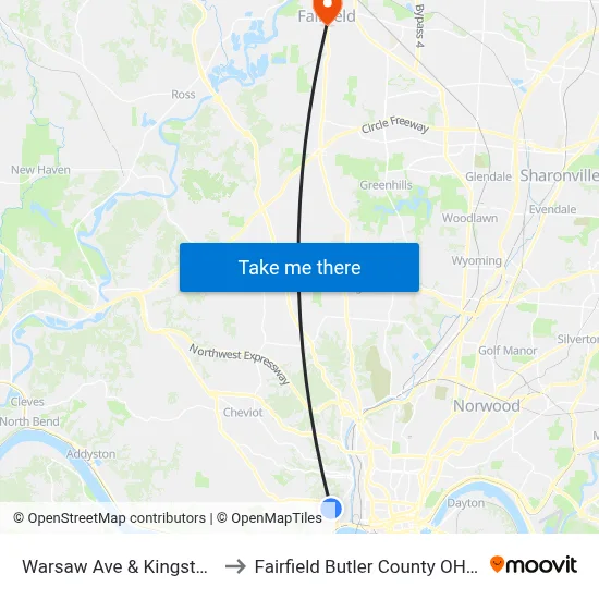 Warsaw Ave & Kingston Pl to Fairfield Butler County OH USA map