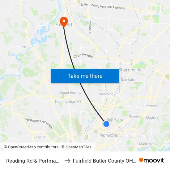Reading Rd & Portman Ave to Fairfield Butler County OH USA map
