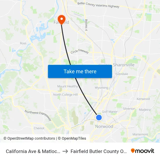 California Ave & Matlock Ave to Fairfield Butler County OH USA map