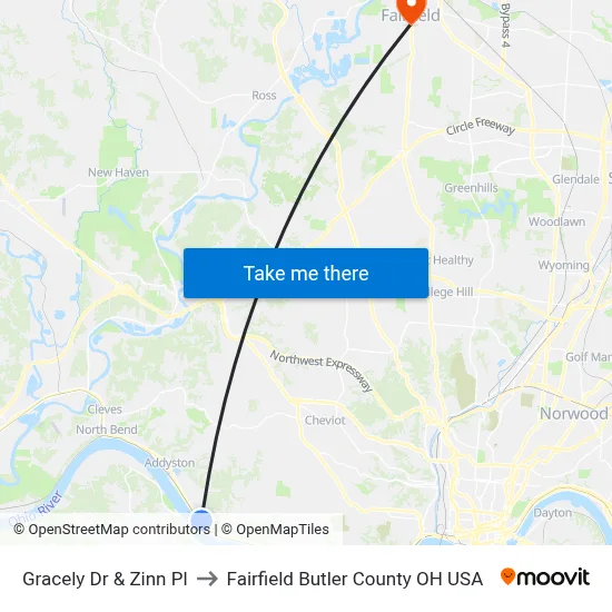Gracely Dr & Zinn Pl to Fairfield Butler County OH USA map