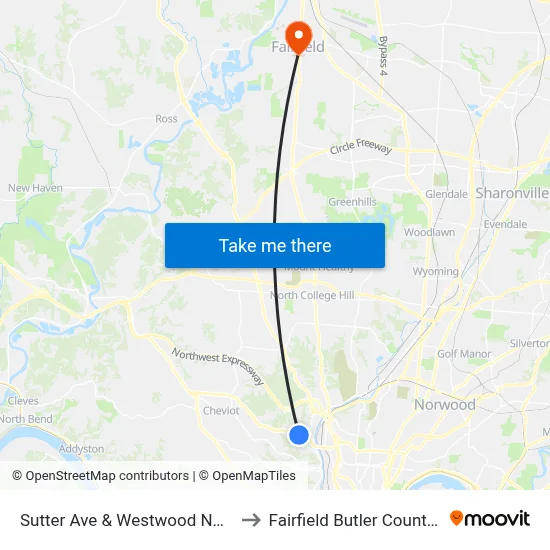 Sutter Ave & Westwood Northern Blvd to Fairfield Butler County OH USA map