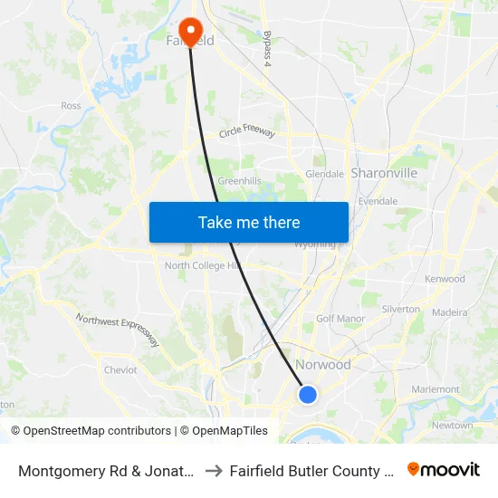 Montgomery Rd & Jonathan Ave to Fairfield Butler County OH USA map