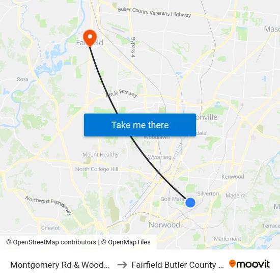 Montgomery Rd & Woodmont Ave to Fairfield Butler County OH USA map