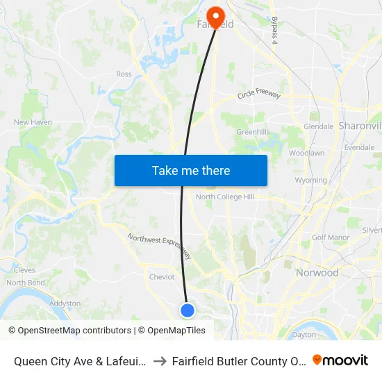 Queen City Ave & Lafeuille Ave to Fairfield Butler County OH USA map