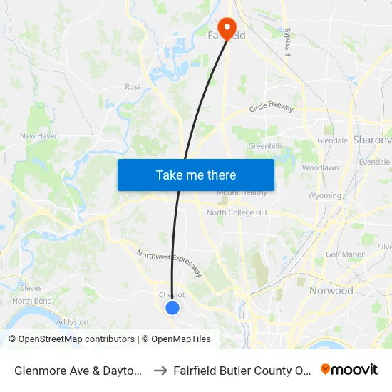 Glenmore Ave & Daytona Ave to Fairfield Butler County OH USA map