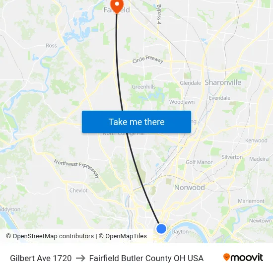 Gilbert Ave 1720 to Fairfield Butler County OH USA map