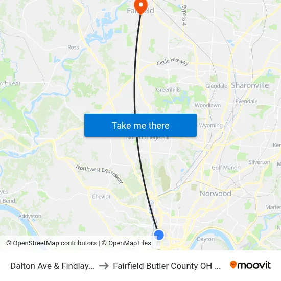 Dalton Ave & Findlay St to Fairfield Butler County OH USA map